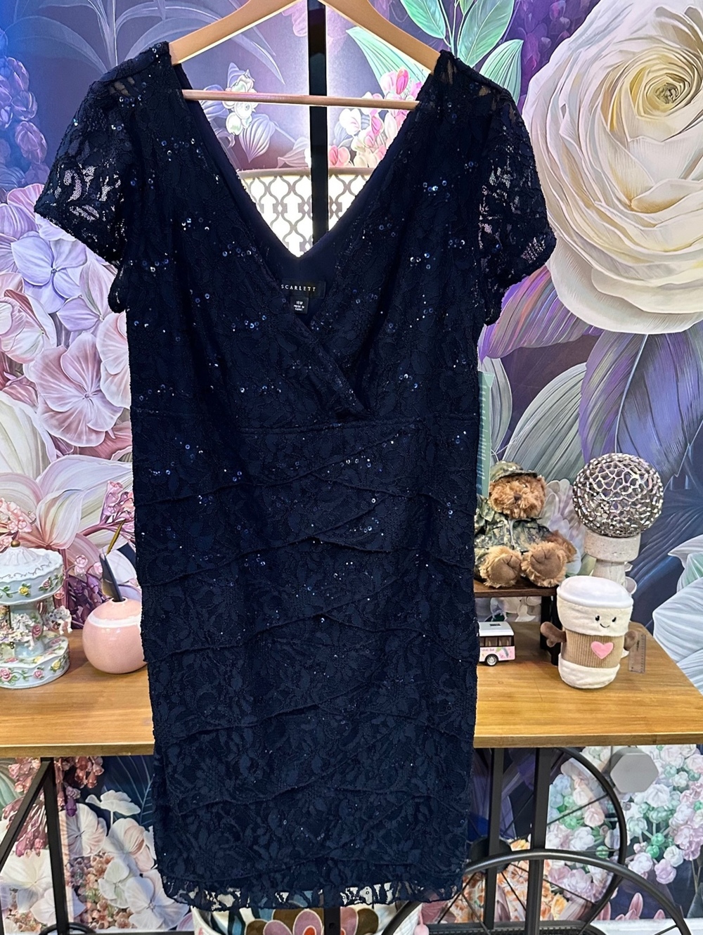 Scarlett 18W Navy Lace Sequin Sheath Dress V Neck Formal Cocktail NWT $120 MSRP